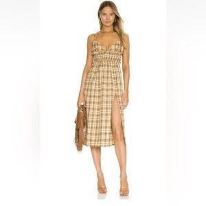 L’Acadamie Veira Midi Dress in Ochre Multi Brown Tan Plaid Small $258